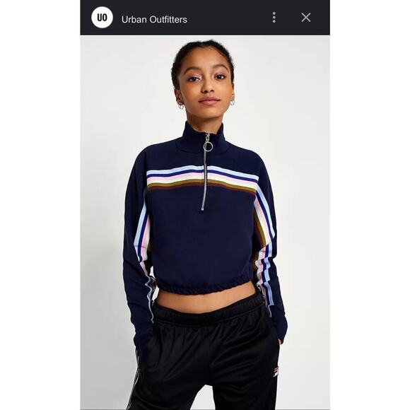 EUC Women’s Medium Urban Outfitters Rainbow Striped Funnel Neck Navy Track Top - Picture 5 of 6